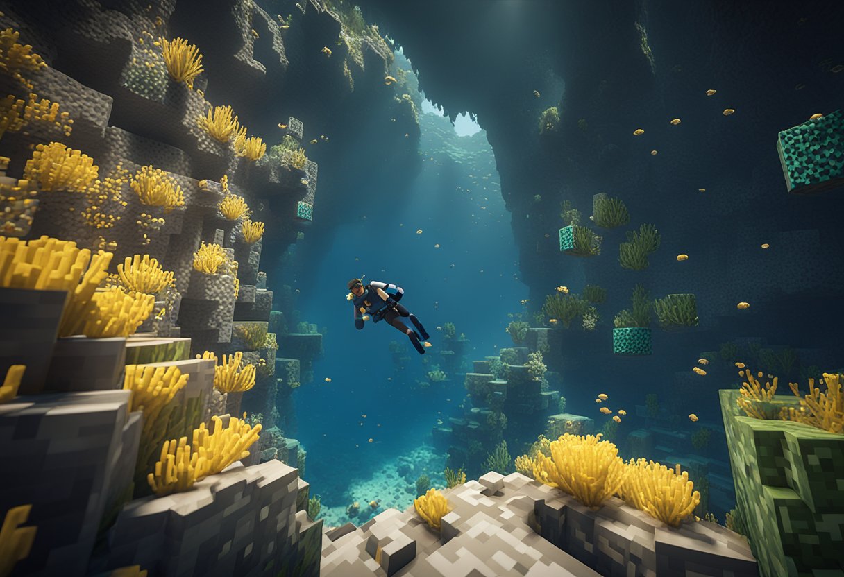 A player diving into an underwater cave, finding and collecting sponges in Minecraft