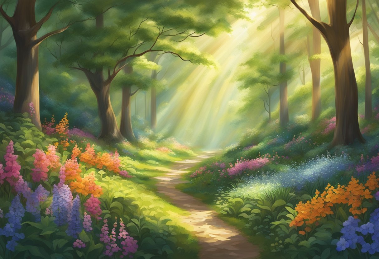 A serene forest with sunlight streaming through the trees, illuminating a vibrant array of blooming flowers and lush greenery, evoking a sense of joy and fulfillment