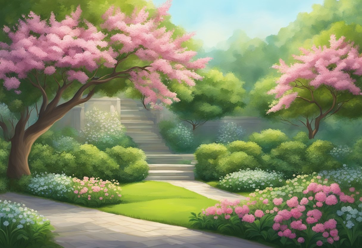 A serene garden with a blooming tree and lush greenery, symbolizing the abundance and potentiality of life