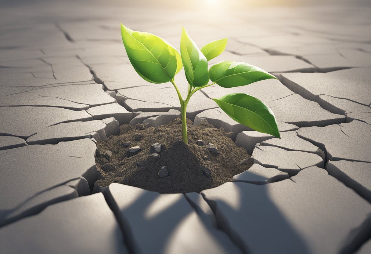 A seedling pushing through cracked concrete towards sunlight