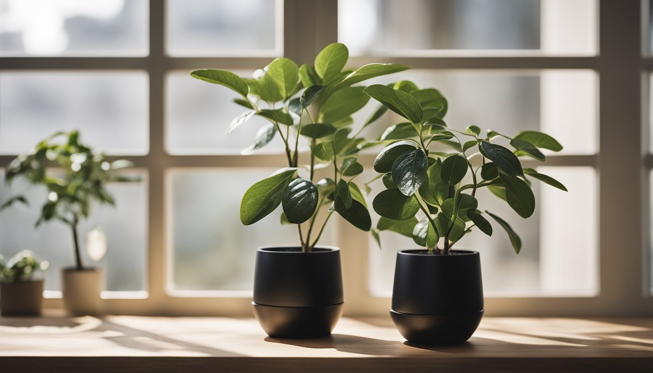 A tall avocado plant in a matte black pot sits on a simple wooden stand near a bright window, with a circular humidity tray and small watering can nearby