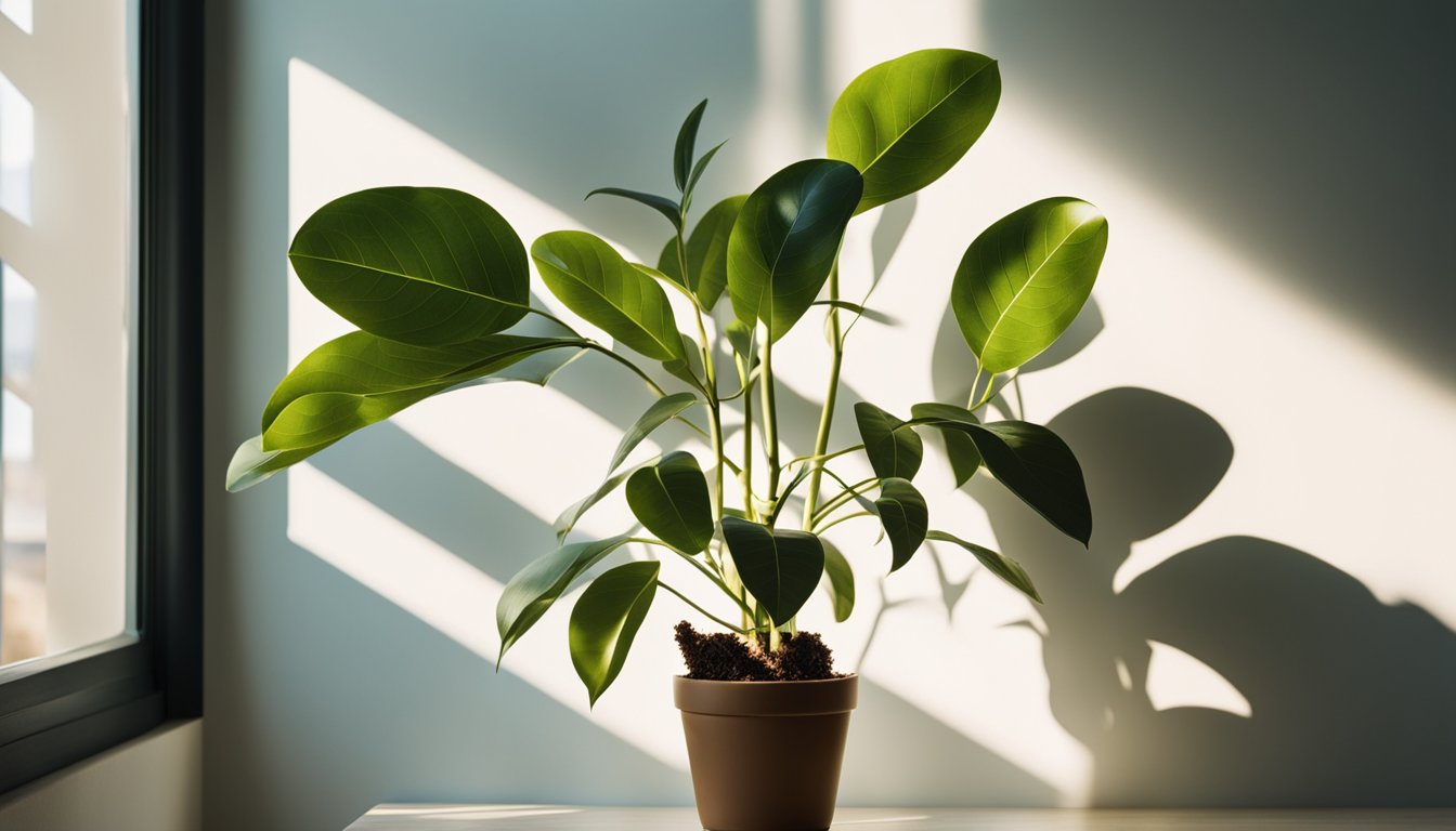 Thriving avocado plant in sunlit corner, casting dramatic shadows on clean wall, supported by sleek bamboo stake. Bright window provides ideal growing environment