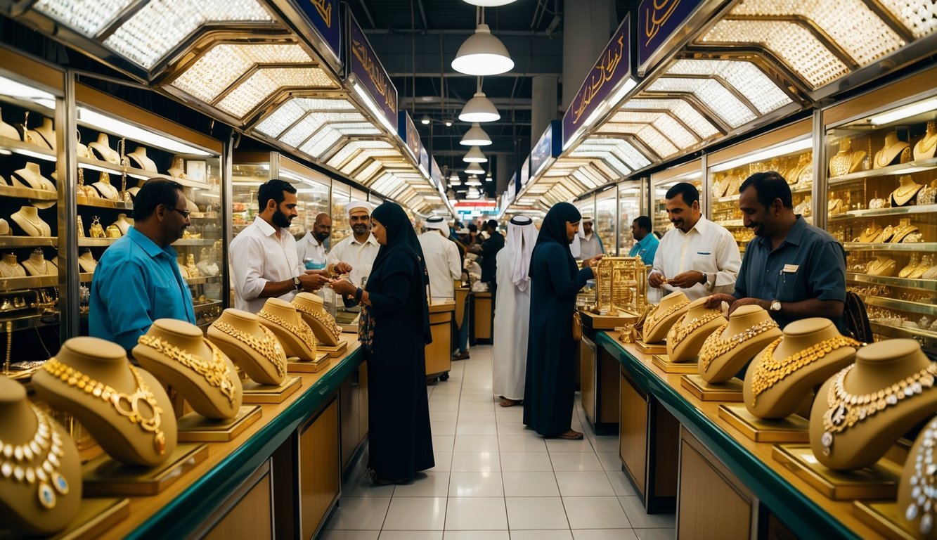 A bustling Dubai market with gold jewelry shops, displaying intricate designs and shining pieces. Customers browse and negotiate with vendors