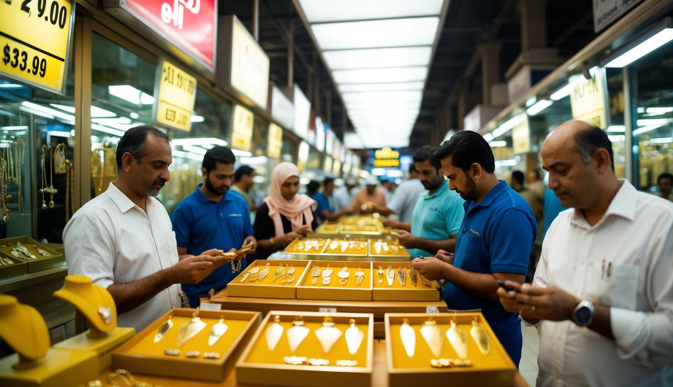 A bustling Dubai market with gold jewelry shops, price boards, and customers examining gold pieces