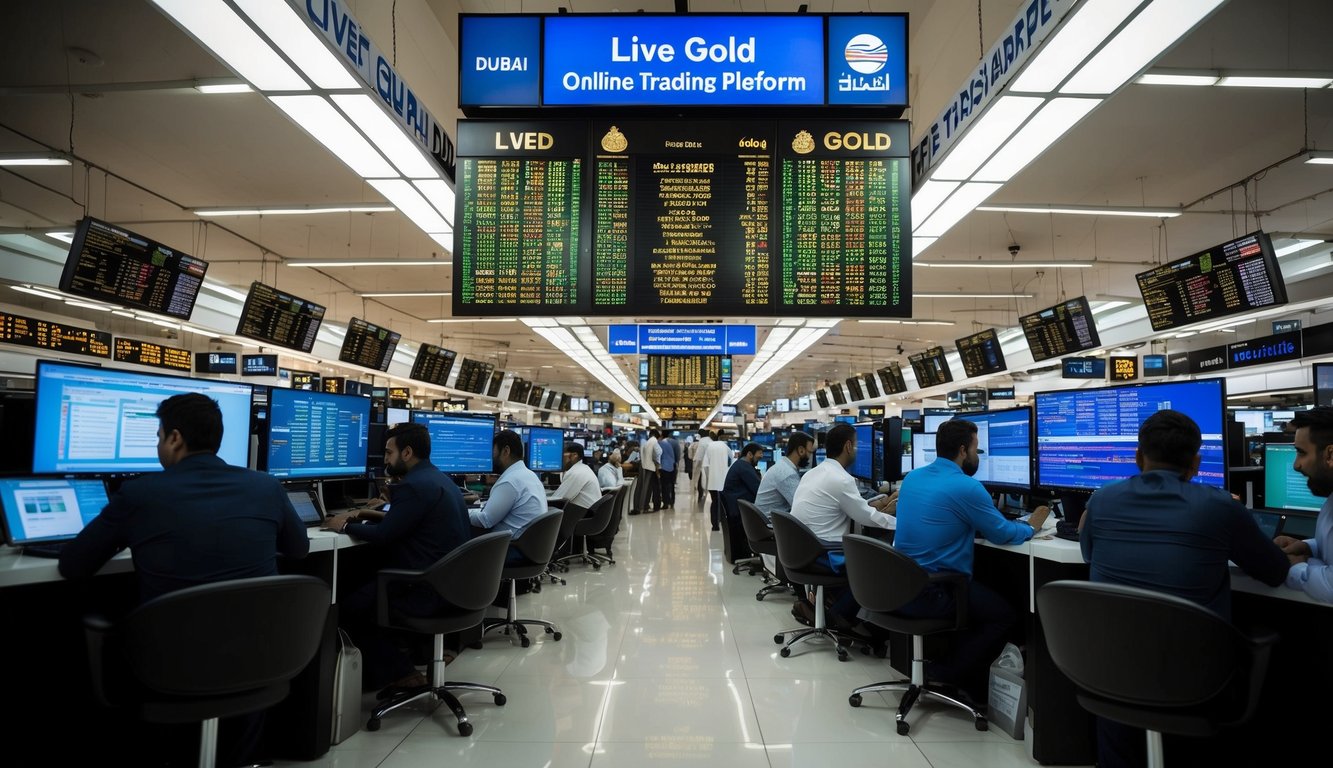 A bustling Dubai market with digital screens displaying live gold rates, surrounded by traders on top online trading platforms