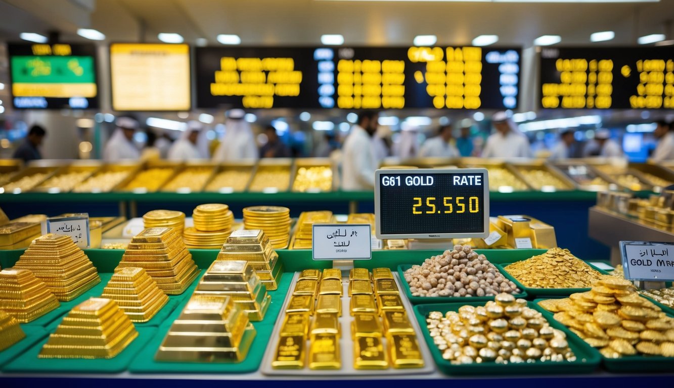 A bustling Dubai gold market with various types of gold on display, while a digital board shows the current gold rate