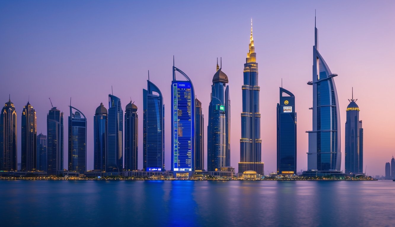 A bustling Dubai skyline with digital screens displaying live gold rates and trading platforms