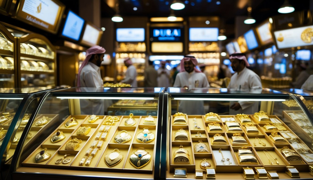 A bustling gold market in Dubai with various investment options, from jewelry to bullion, displayed in ornate showcases