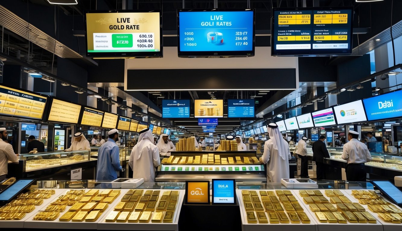 A bustling Dubai marketplace with digital screens displaying live gold rates and various online trading platforms