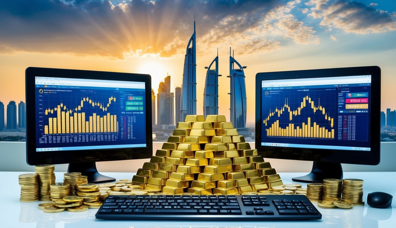 A bustling Dubai skyline with gold trading platforms on computer screens, surrounded by gold bars and coins