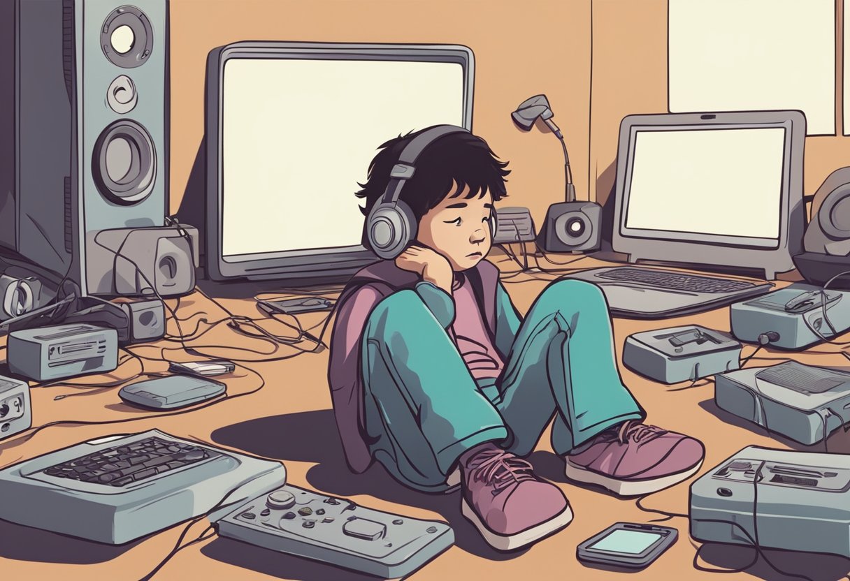 Uma criança sentada sozinha, cercada por vários dispositivos eletrônicos, com uma expressão de frustração ou tristeza no rosto.