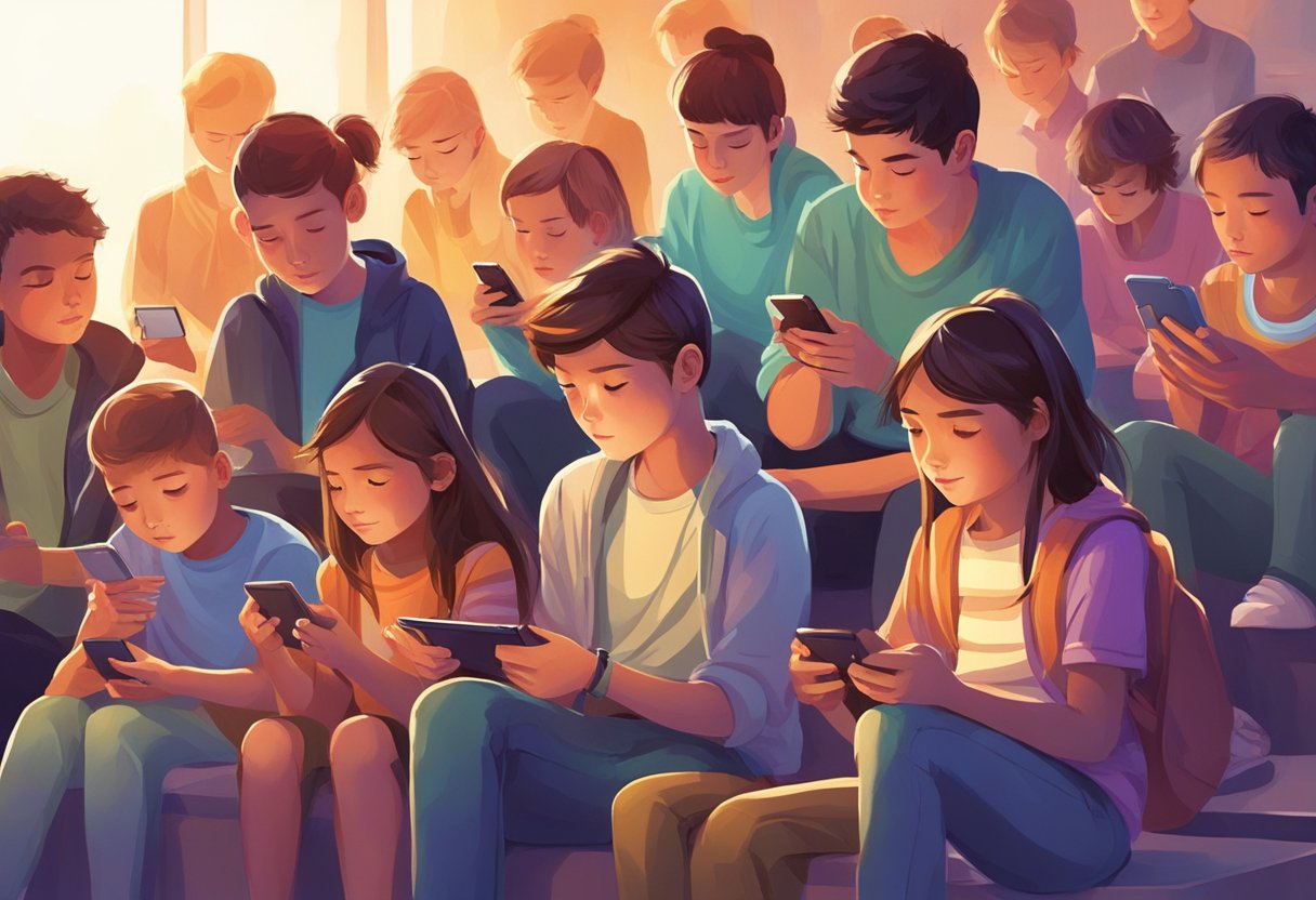 Um grupo de crianças e adolescentes está absorto em seus smartphones, seus rostos iluminados pelo brilho das telas. A linguagem corporal deles sugere uma mistura de fascínio e desapego. em referencia à Relação entre smartphones e saúde mental infantil: entendendo o impacto das telas na infância