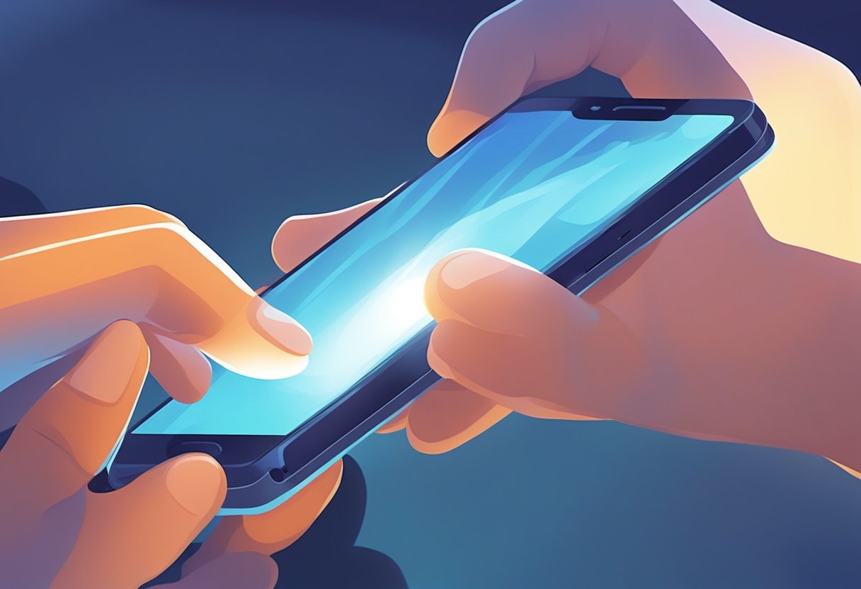 A mão de uma criança alcançando um smartphone, enquanto um adulto preocupado observa. A luz azul emitida pela tela contrasta com a iluminação quente e natural.