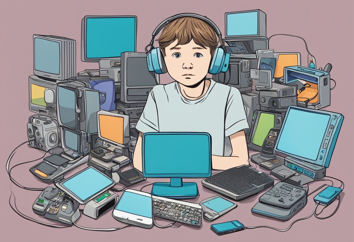 Uma criança cercada por vários dispositivos eletrônicos, com uma expressão preocupada no rosto. em referencia ao artigo Relação entre smartphones e saúde mental infantil: entendendo o impacto das telas na infância