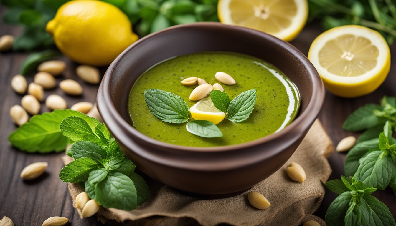 A rustic ceramic bowl holds vibrant lemon balm pesto with pine nuts, lemon zest, and olive oil, set against earthy tones with fresh leaves and a halved lemon