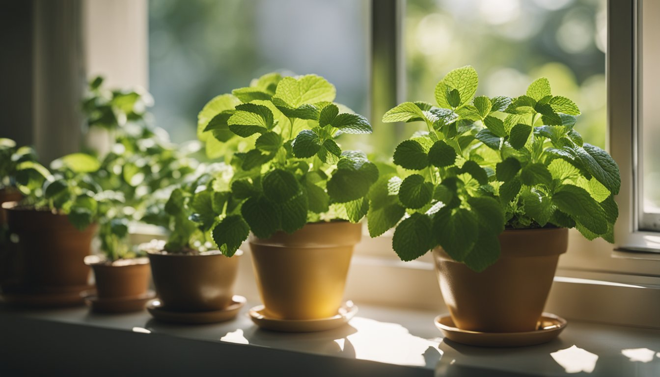 A sunlit kitchen window sill holds a potted lemon balm plant and other herbs