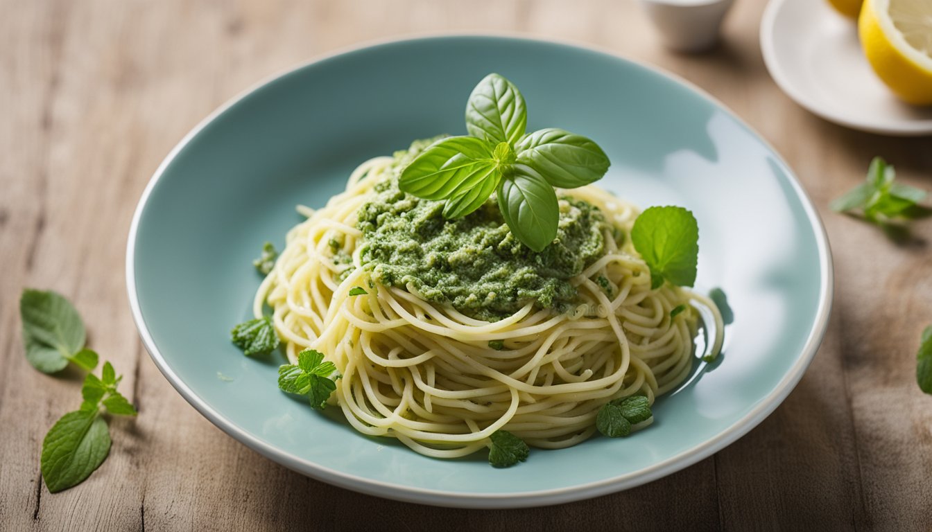 Steamy spaghetti with lemon balm pesto, adorned with a fresh sprig