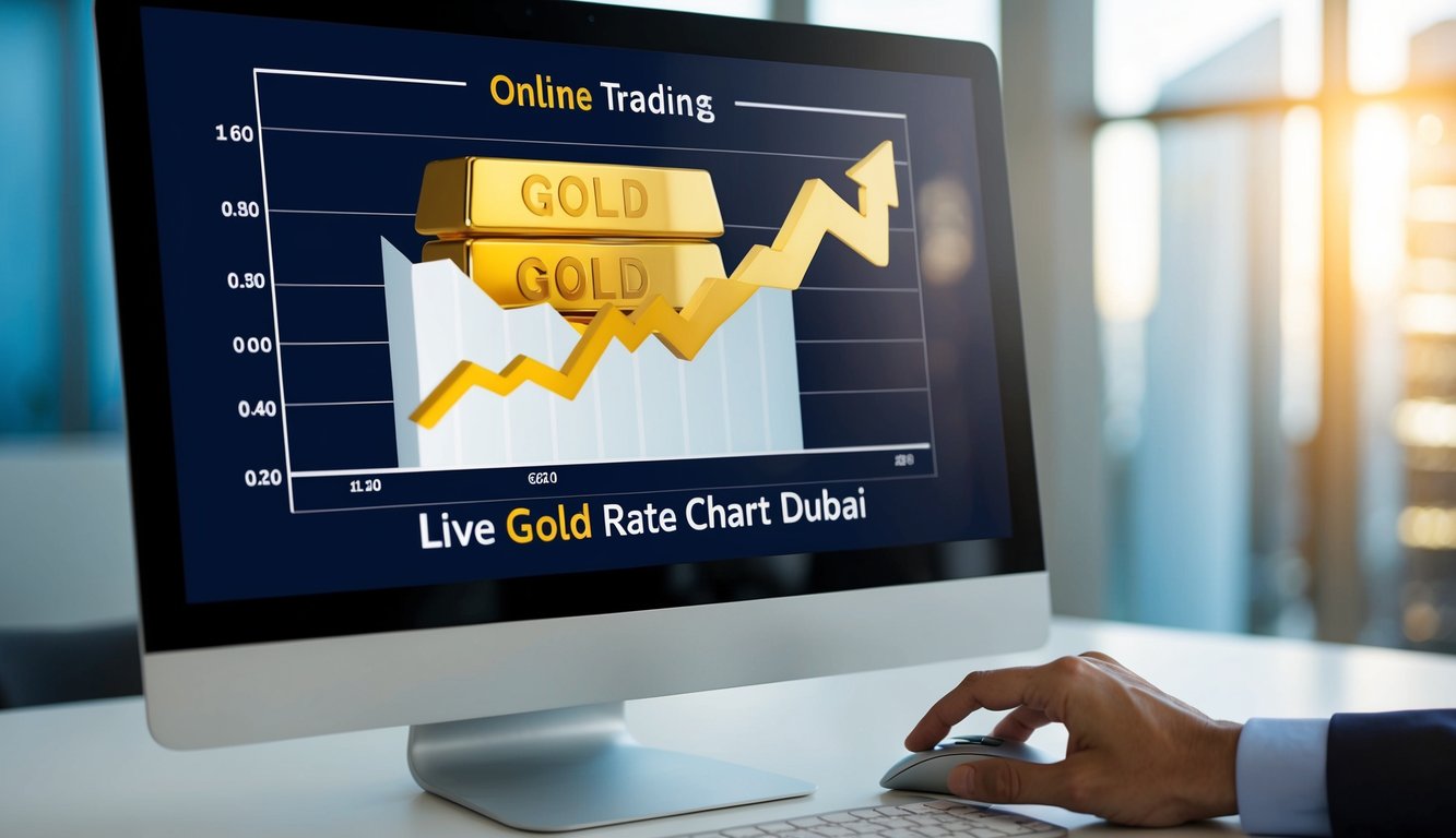 A computer screen displaying a live gold rate chart in Dubai, with a hand reaching for a mouse to access an online trading platform