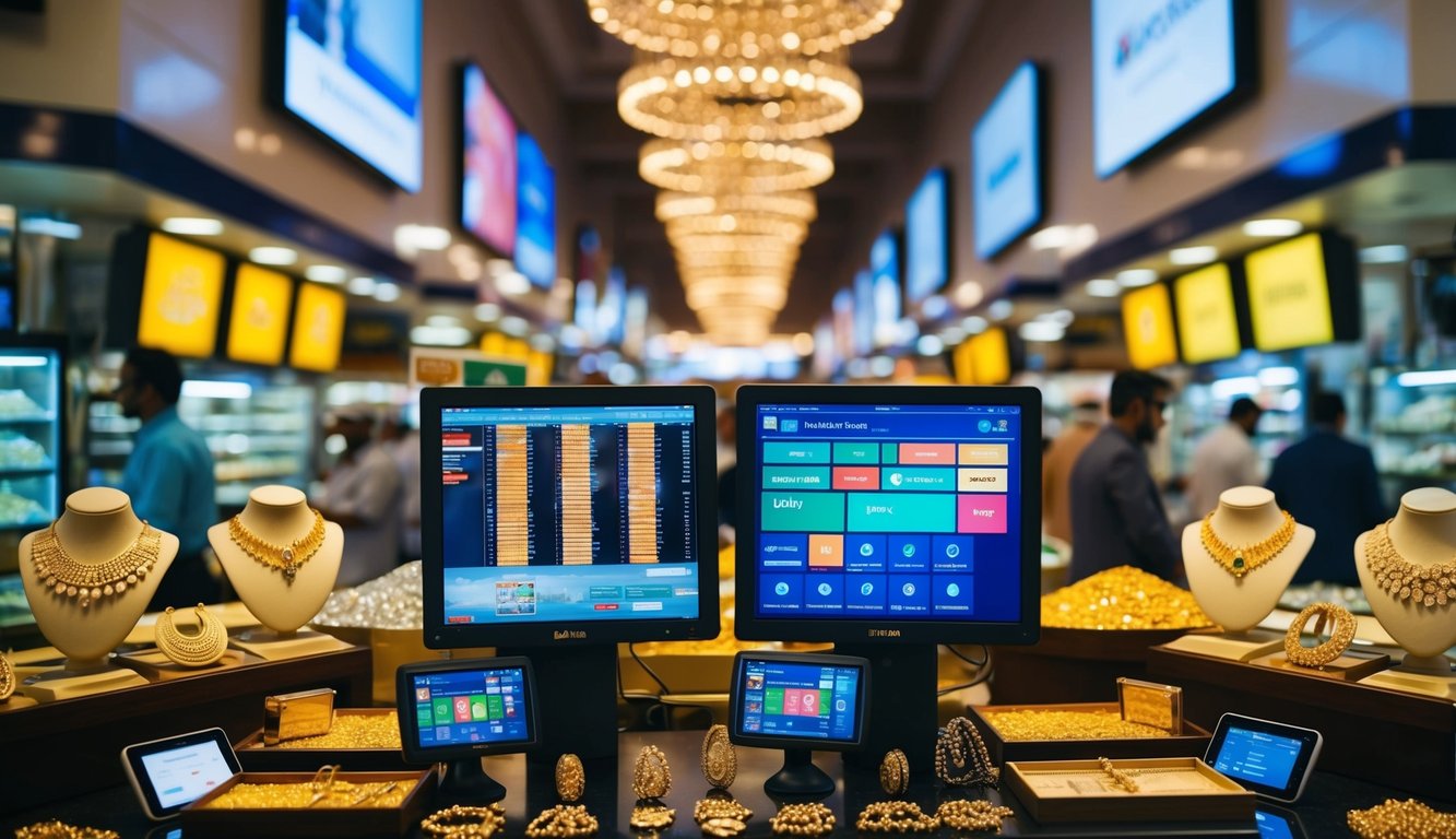 A bustling Dubai market with gold jewelry shops and digital trading platforms displayed on screens