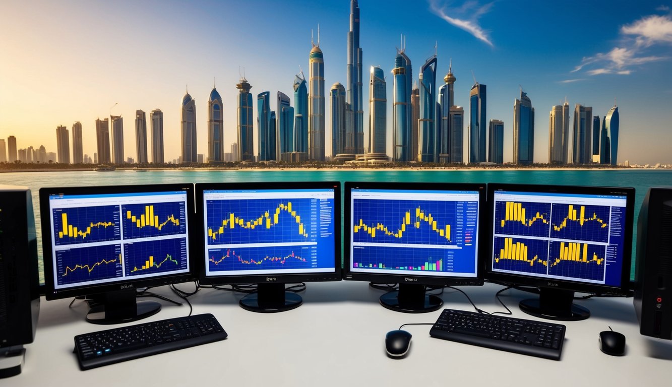 A bustling Dubai skyline with gold trading charts on computer screens, showing fluctuating rates