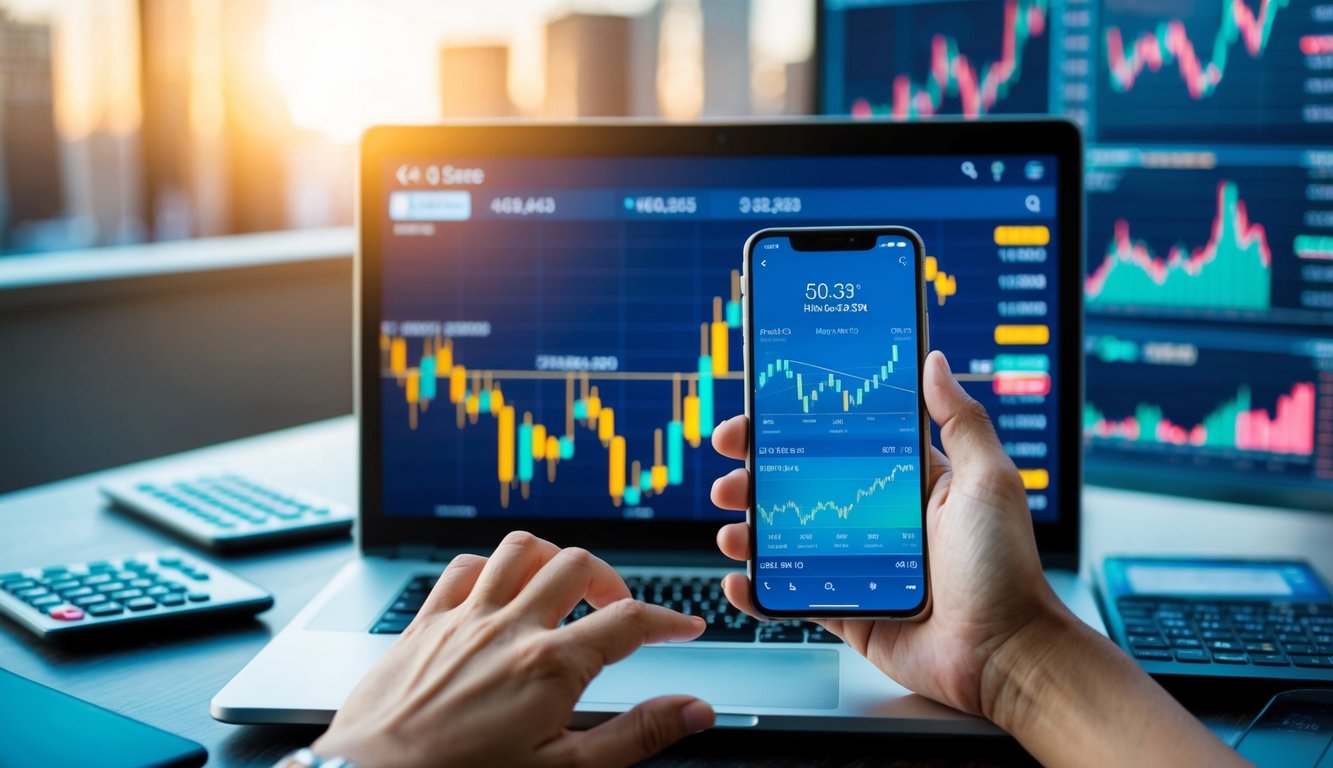 A laptop displaying a gold rate chart, surrounded by financial charts and graphs. A hand holding a smartphone with a trading app open in the background