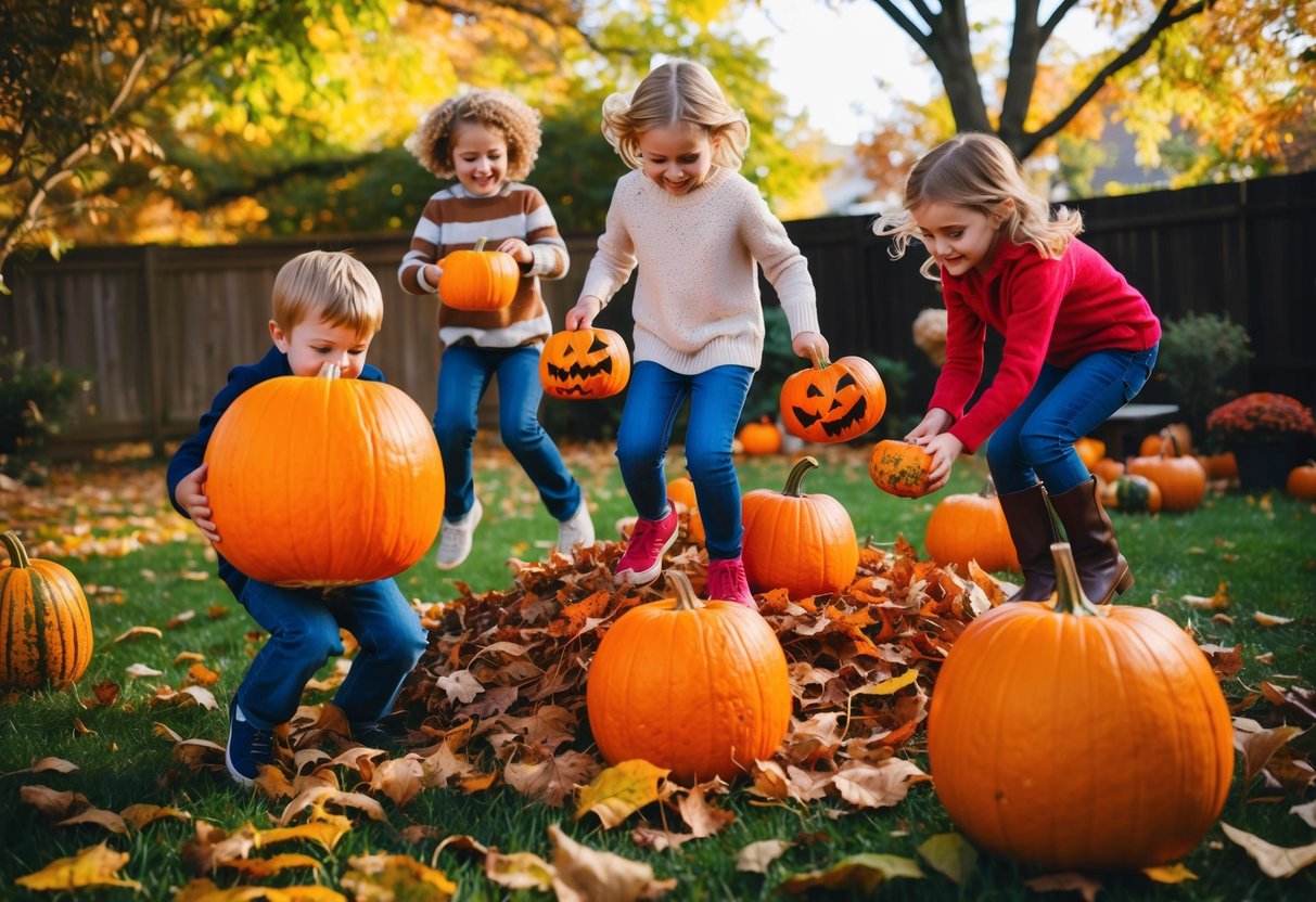 Kids carving pumpkins, jumping in leaf piles, and painting gourds in a backyard filled with autumn foliage