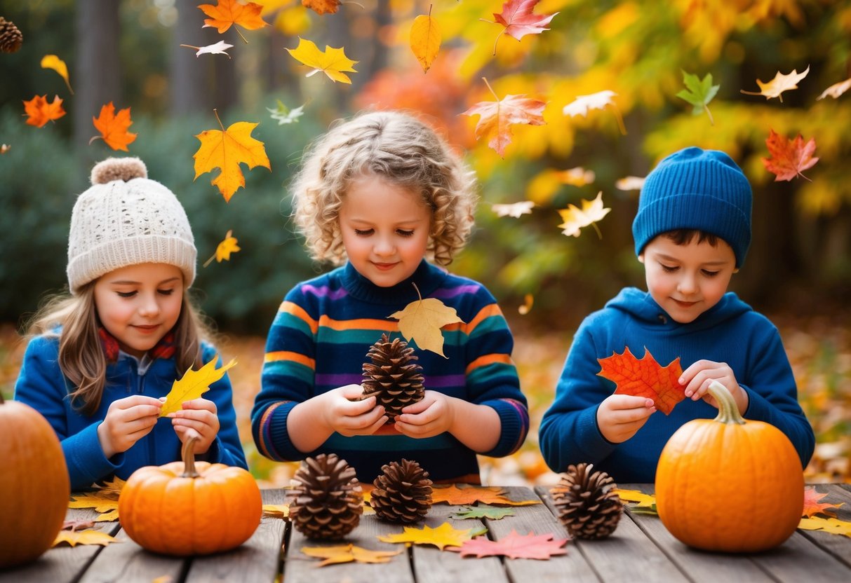 Children crafting with leaves, pinecones, and pumpkins in a colorful outdoor setting with falling leaves and autumn foliage