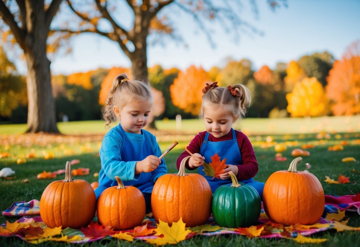 Children painting pumpkins and leaves in a colorful outdoor setting with a backdrop of autumn trees and a clear blue sky