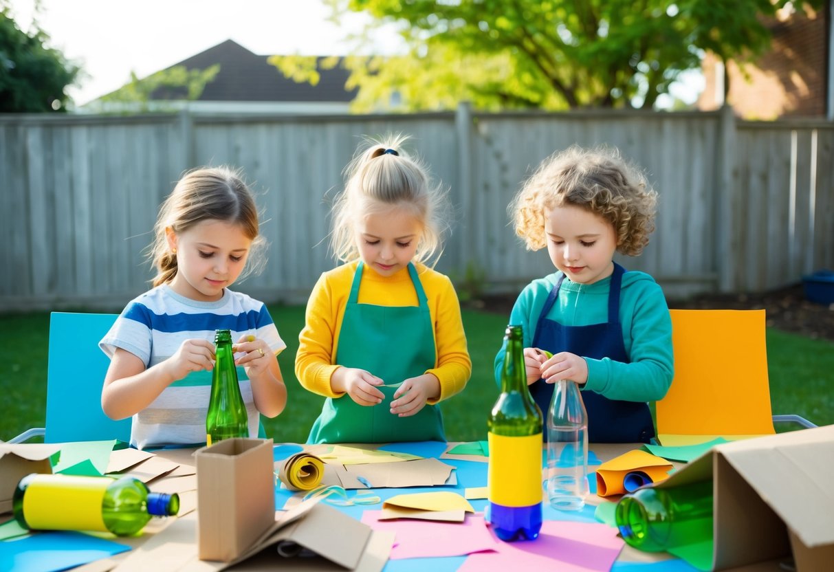 Children crafting with recycled materials in a sunny backyard, surrounded by colorful paper, cardboard, and bottles