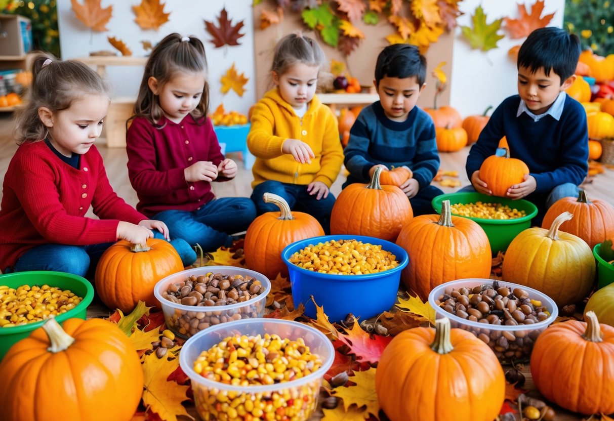 A colorful array of autumn leaves, pumpkins, and sensory bins filled with corn kernels and acorns, surrounded by children playing and exploring