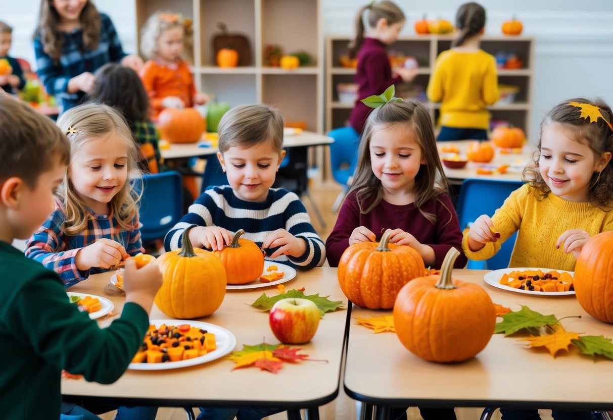 Children creating fall-themed crafts with food items like pumpkins, apples, and leaves. Tables filled with colorful supplies and happy faces