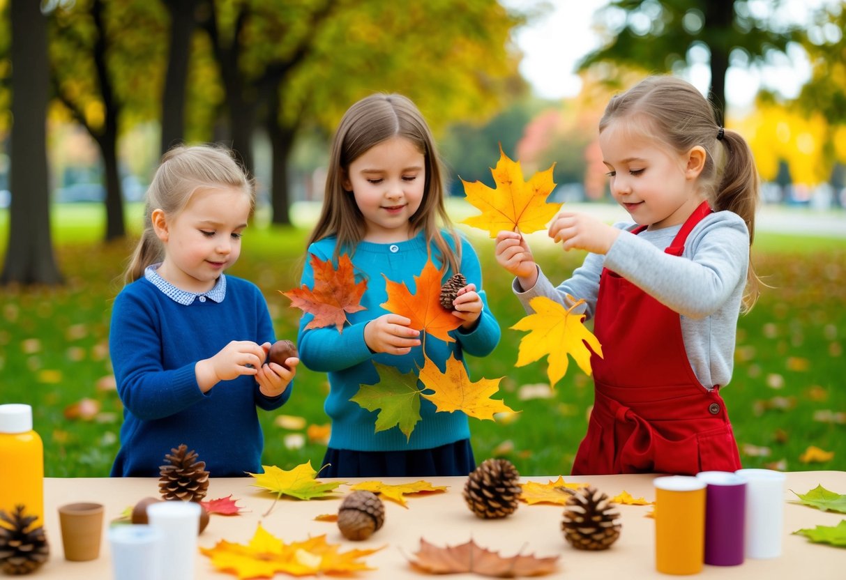 Children gathering colorful leaves, acorns, and pinecones in a park. A table is set up with craft supplies for making autumn-themed DIY projects