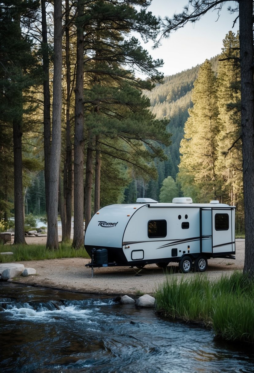 A lightweight travel trailer parked in a serene campground surrounded by tall trees and a flowing river, with a peaceful and relaxing atmosphere