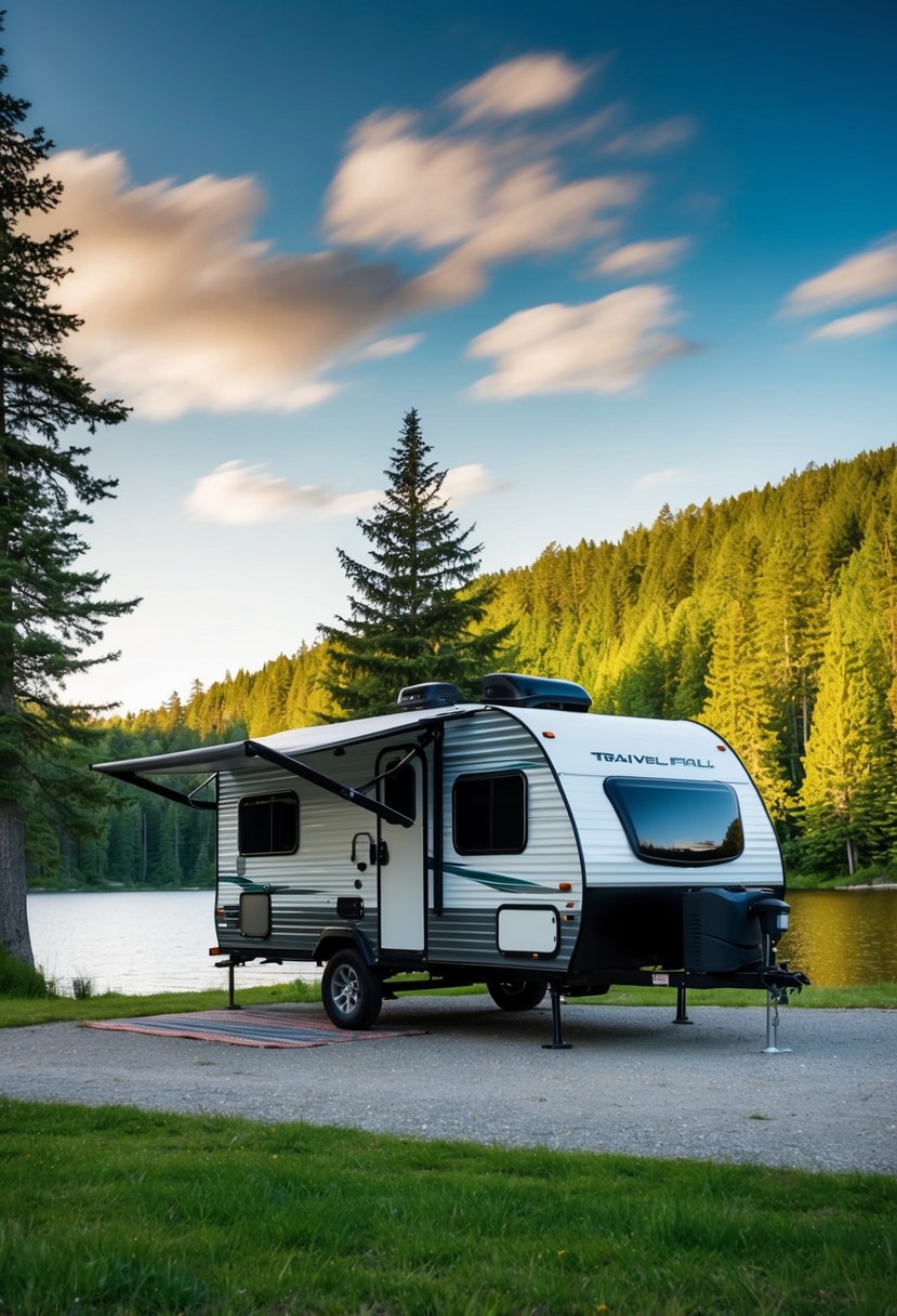 A compact travel trailer parked in a scenic campground, surrounded by lush trees and a serene lake