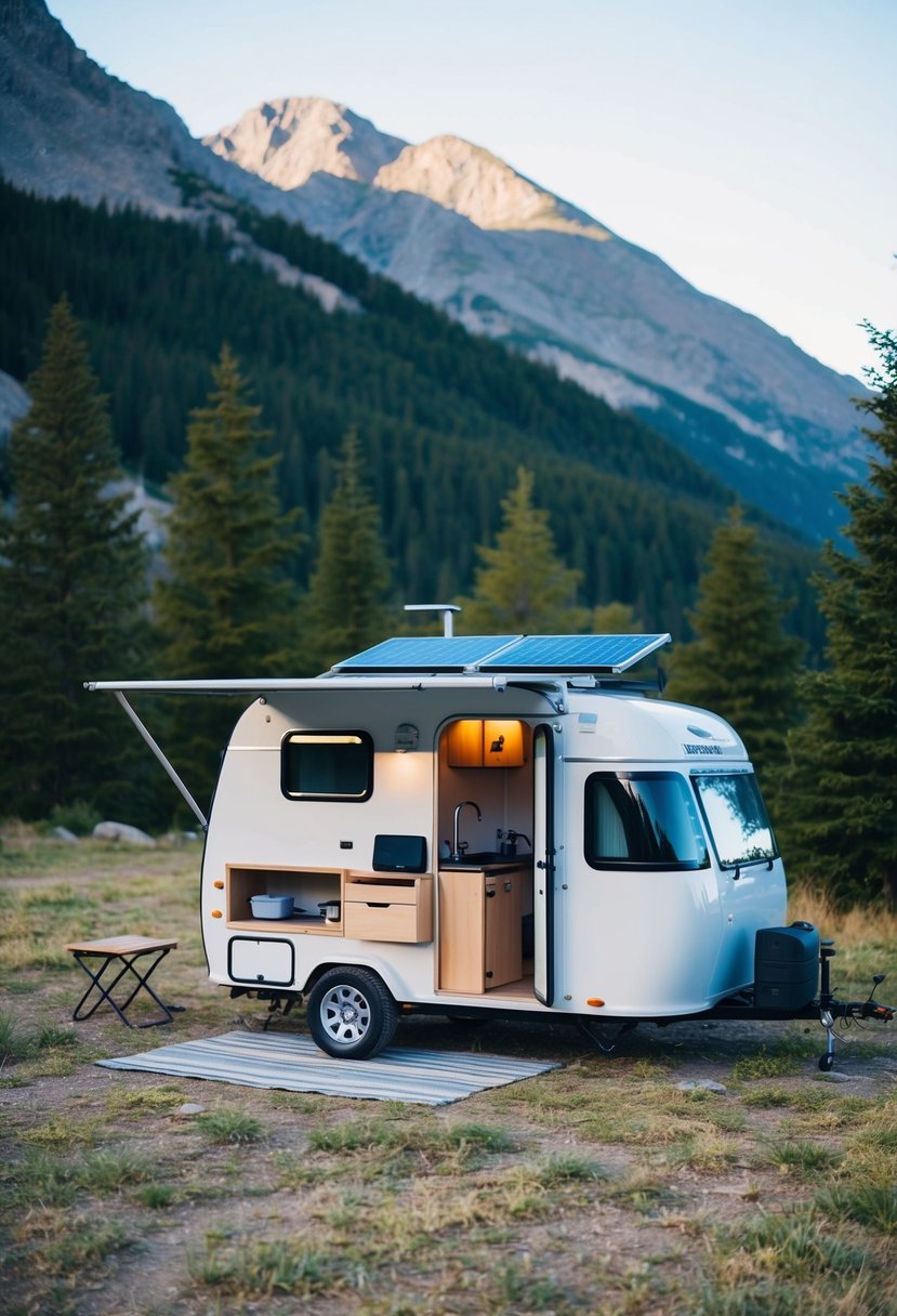 A small camper surrounded by mountains and trees, with a compact kitchen and sleeping area, solar panels on the roof, and lightweight construction