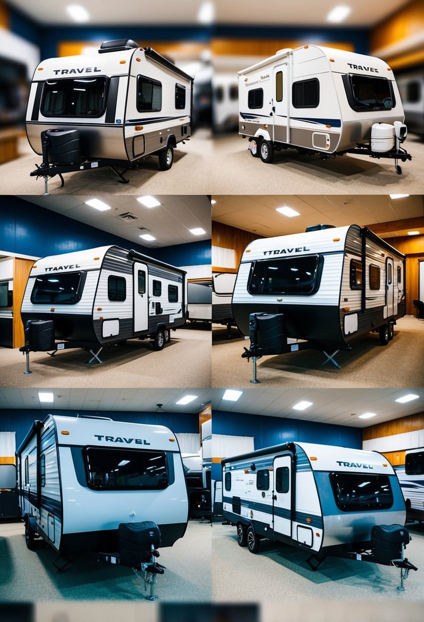 A variety of travel trailers in a showroom, ranging from compact to spacious, each designed to meet different travel needs and all under 3000 lbs