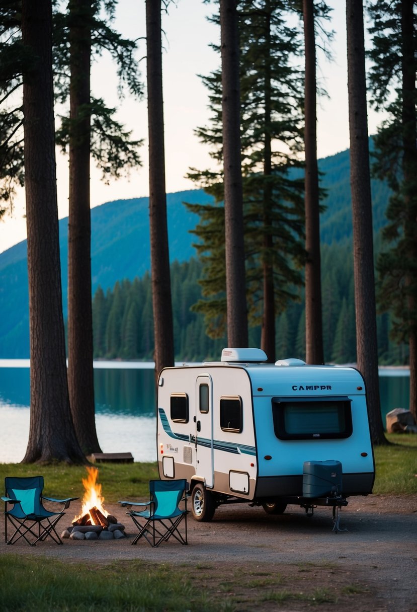 A compact camper parked in a scenic campground surrounded by tall trees and a serene lake, with a glowing campfire and folding chairs set up outside