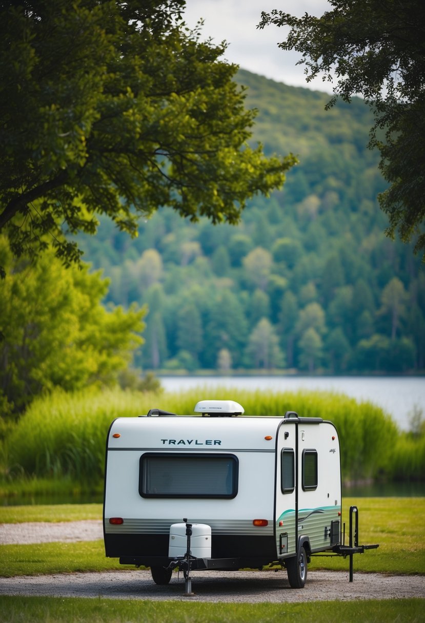 A compact travel trailer parked in a scenic campground, surrounded by lush greenery and a serene lake in the background