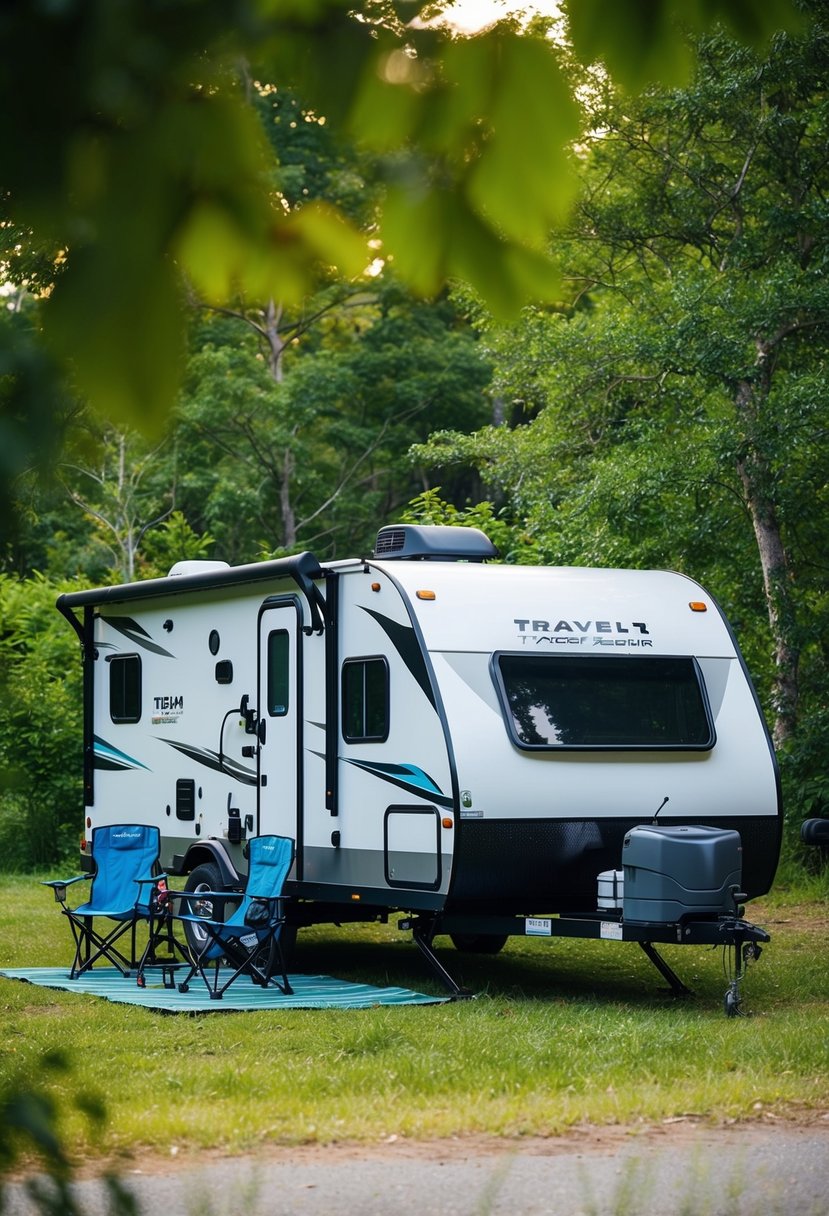 A travel trailer parked in a scenic campground, surrounded by lush greenery and equipped with additional accessories and gear such as outdoor chairs, a portable grill, and a bike rack