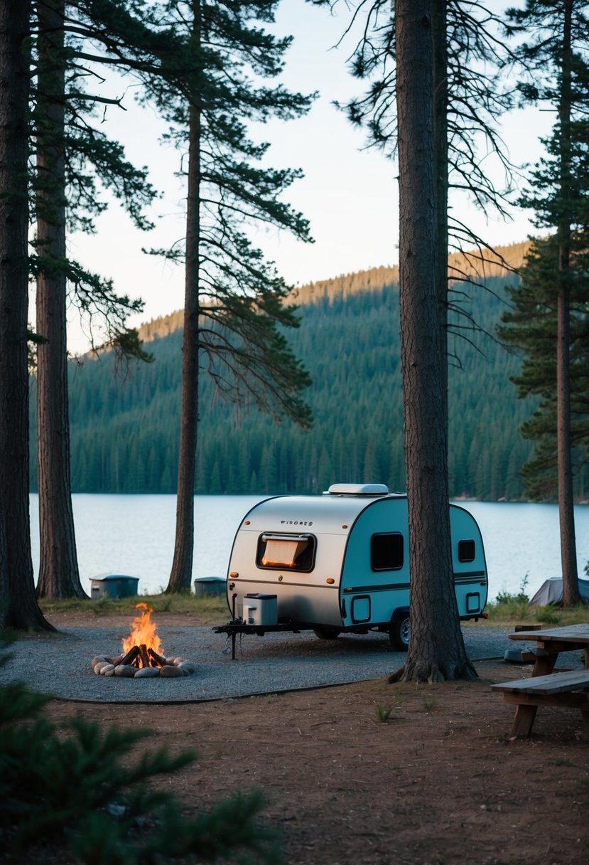 A small travel trailer parked in a scenic campsite, surrounded by tall trees and a serene lake, with a cozy campfire burning nearby