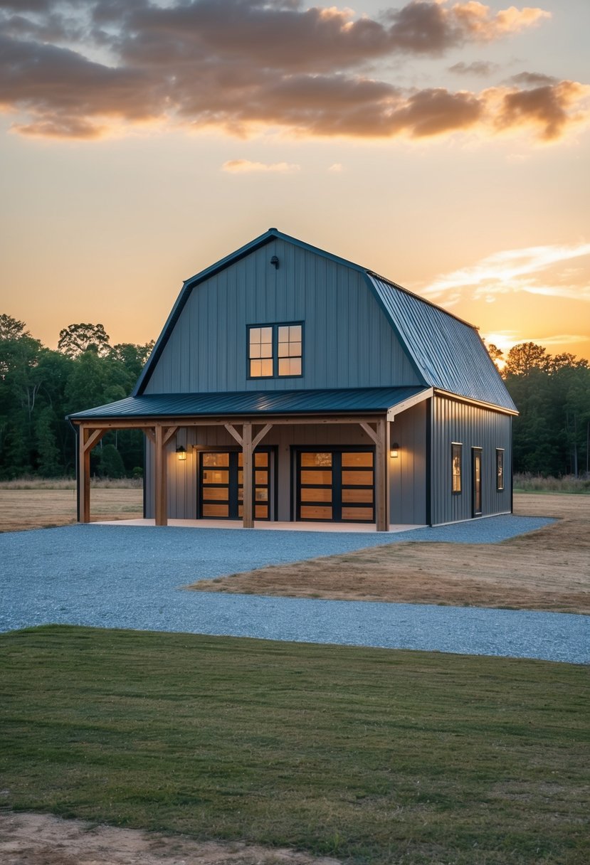 A spacious 2-story barndominium with 4 bedrooms, large windows, and a rustic yet modern design