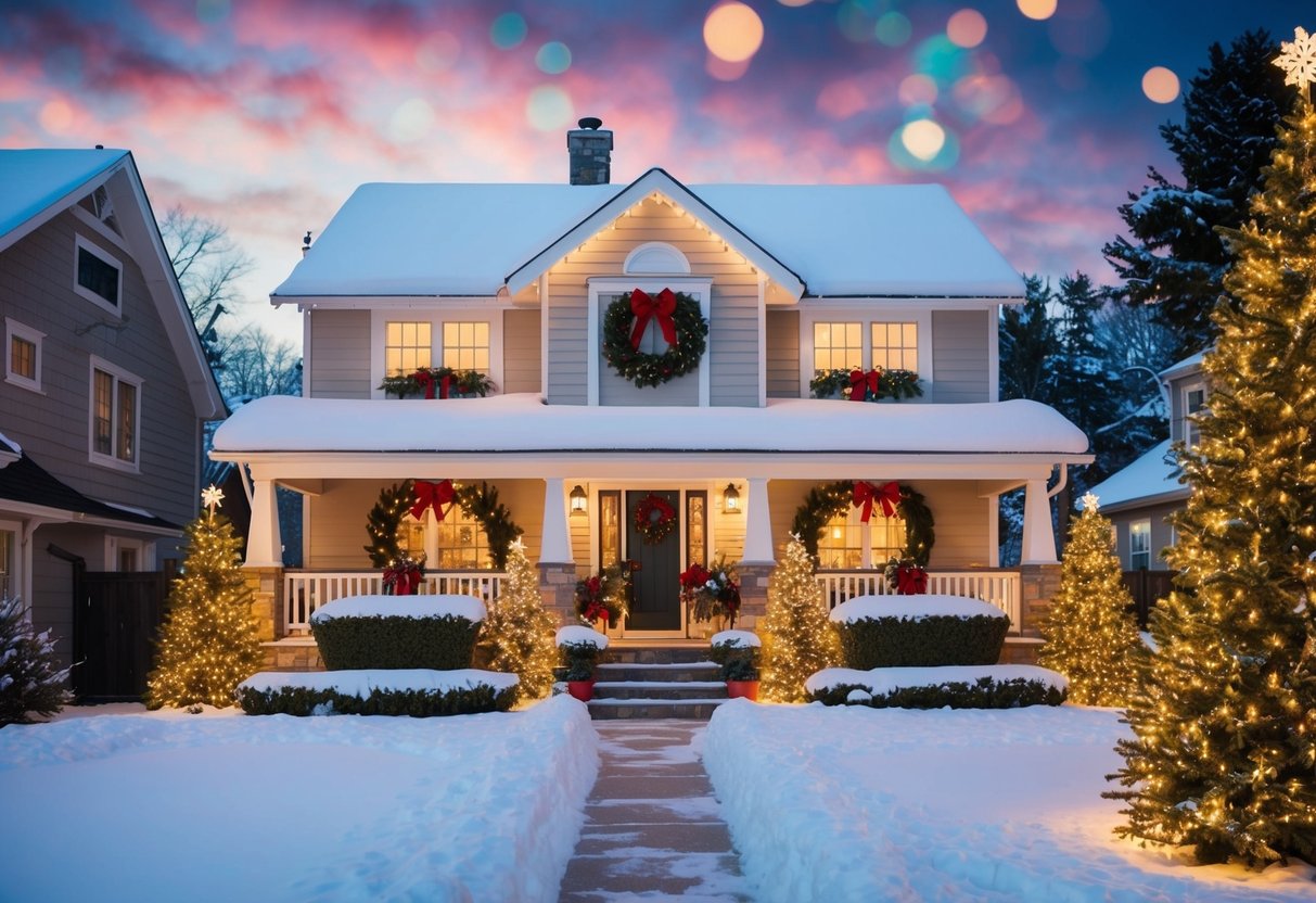 A cozy house with a snow-covered yard adorned with twinkling lights, wreaths, and a festive display of outdoor Christmas decorations