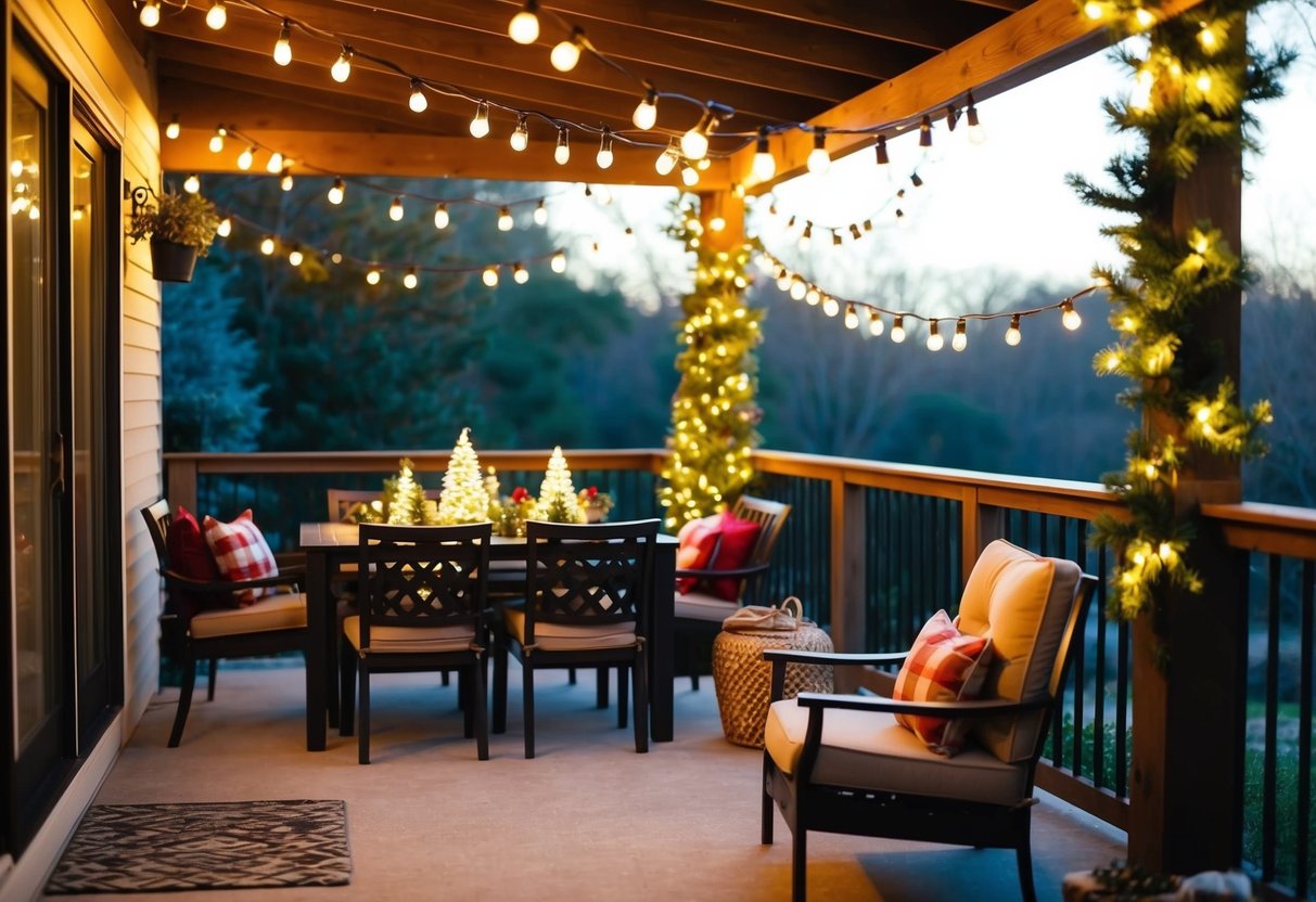 A cozy outdoor patio adorned with festive solar string lights, creating a warm and inviting atmosphere for a Christmas celebration