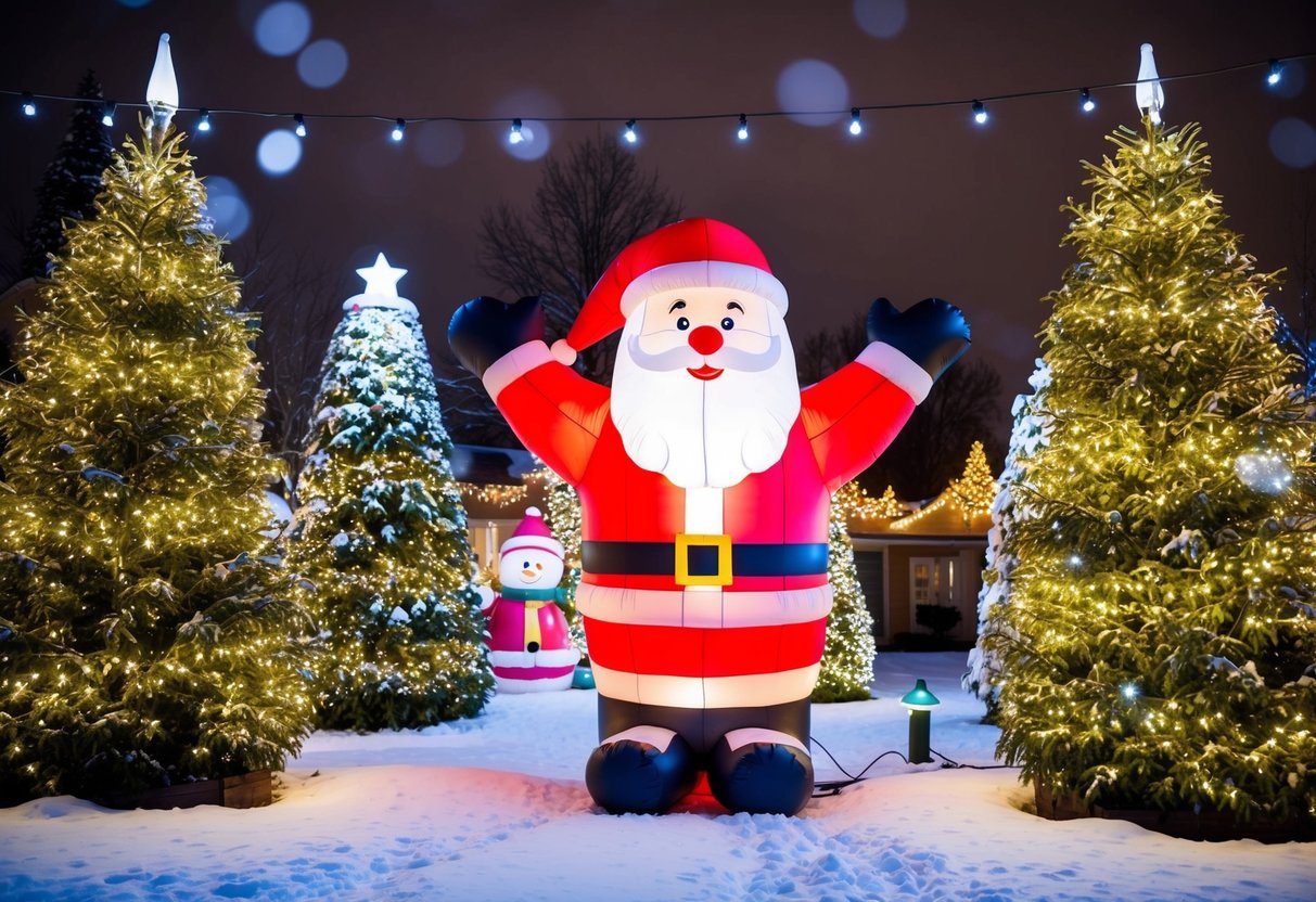 An inflatable Santa Claus surrounded by twinkling lights and snow-covered trees in a festive outdoor Christmas display