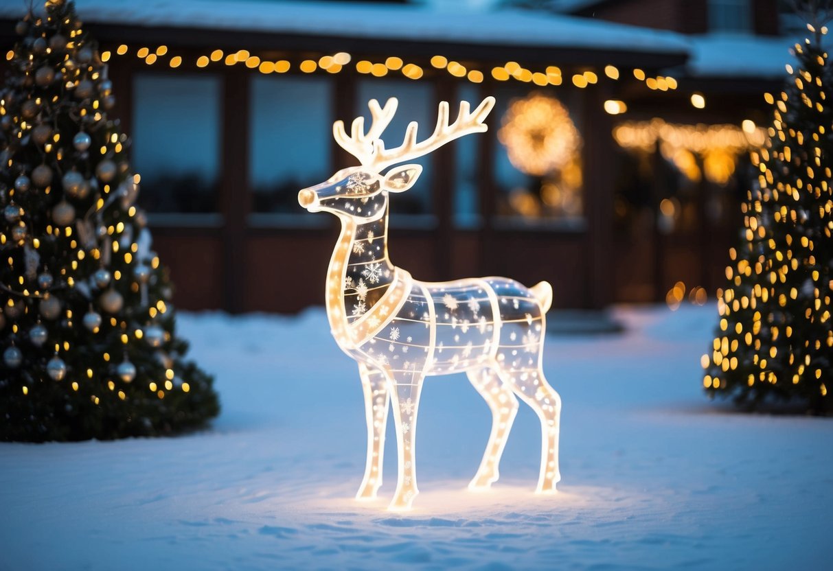 A holographic reindeer set stands in a snowy outdoor Christmas display, surrounded by twinkling lights and festive decorations