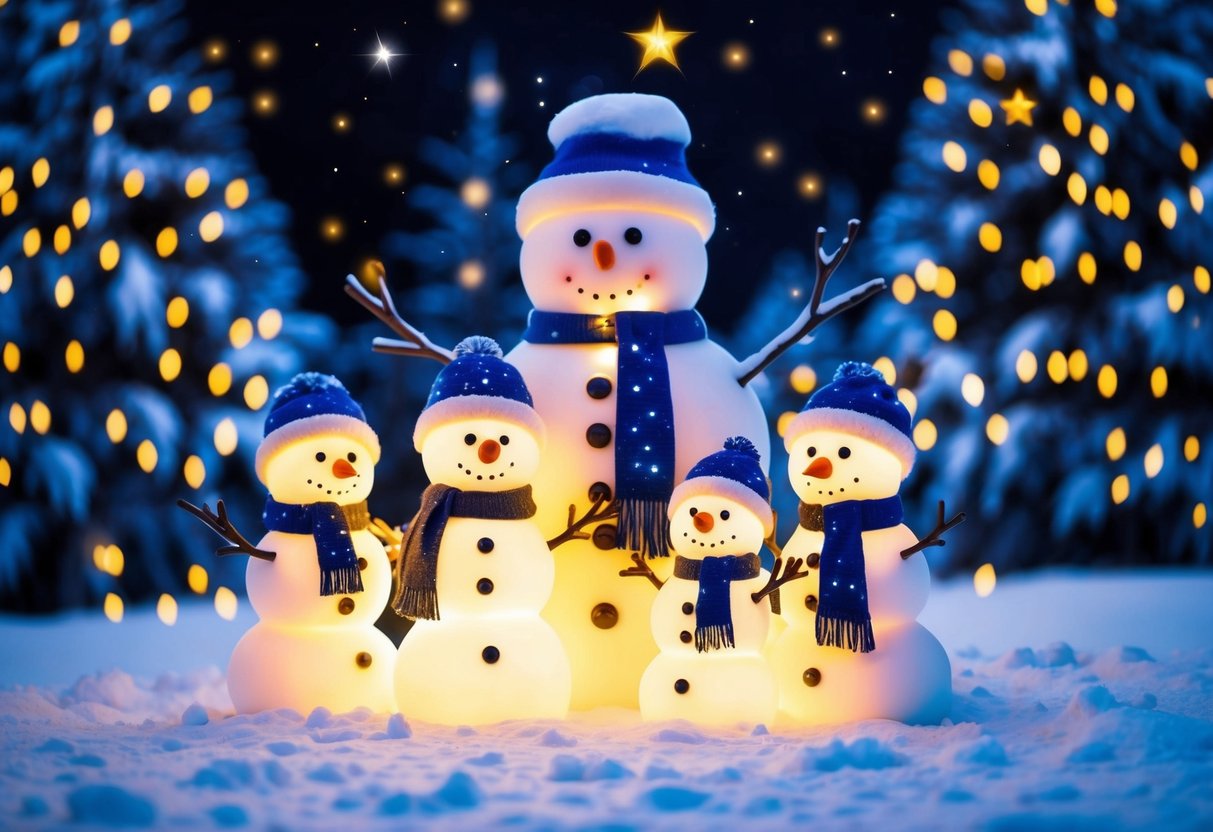 A snowman family with glowing lights, surrounded by snowy trees and twinkling stars on a winter night