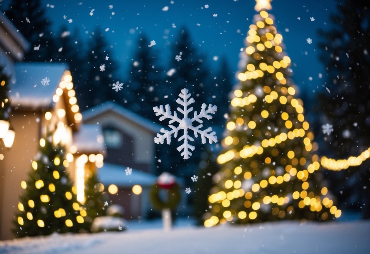 Snowflakes fall gently on a festive outdoor scene with twinkling lights, wreaths, and snow-covered trees