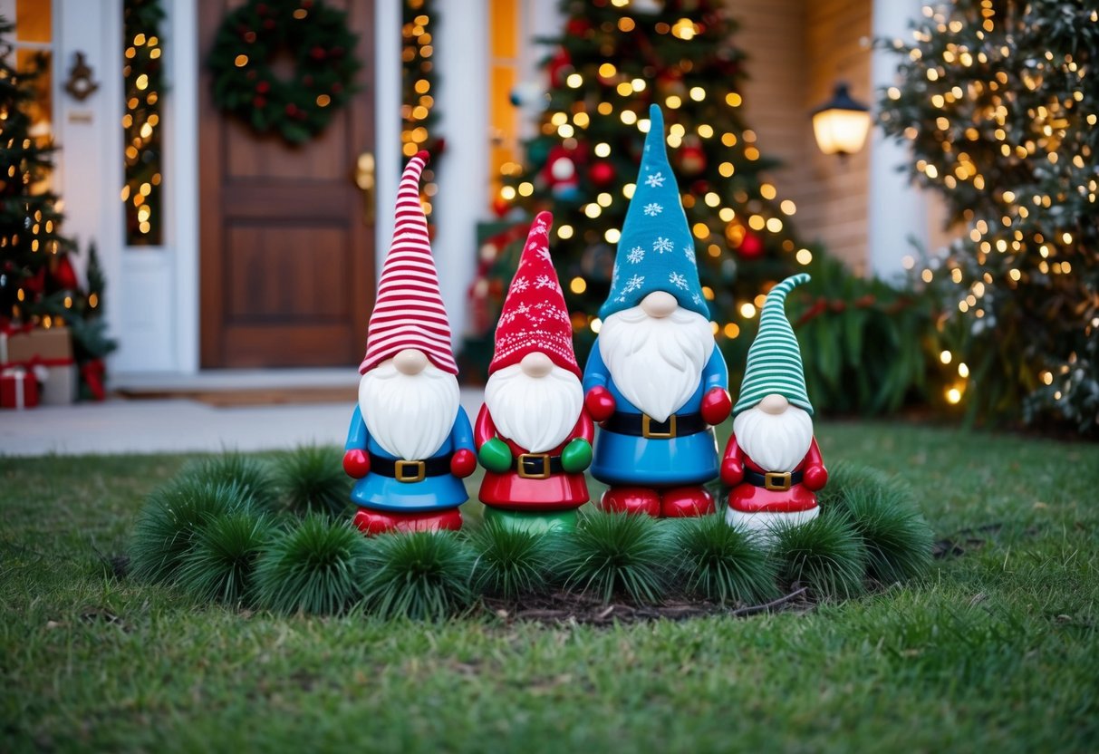 A cozy outdoor scene with whimsical gnome Christmas decorations adorning a front yard, surrounded by twinkling lights and festive greenery