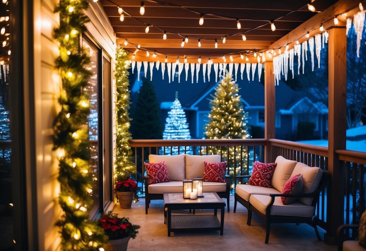 A cozy outdoor patio adorned with icicle string lights, creating a warm and festive Christmas ambiance