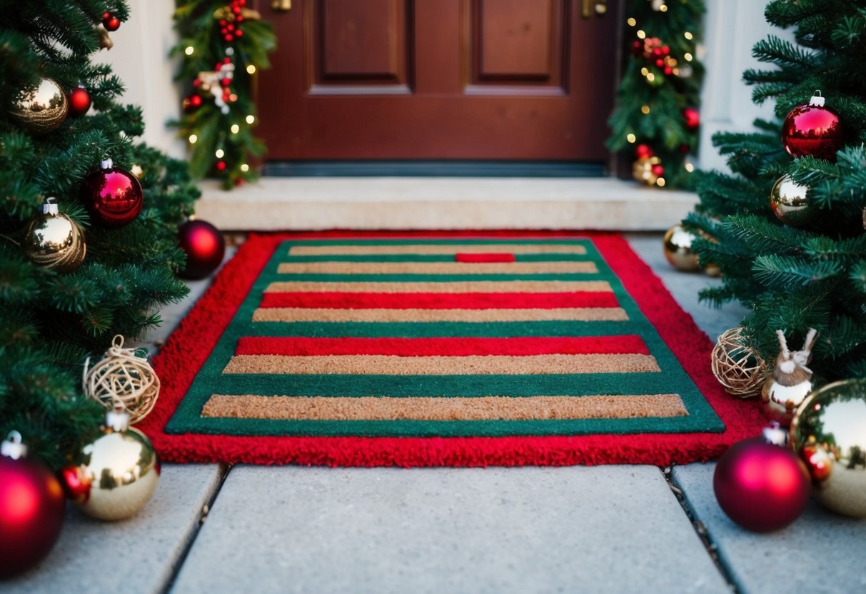 A festive holiday door mat surrounded by outdoor Christmas decorations